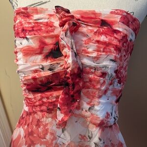 WHBM Silk Ruched bodice Ruffle front layered hem adjust spaghetti straps Dress